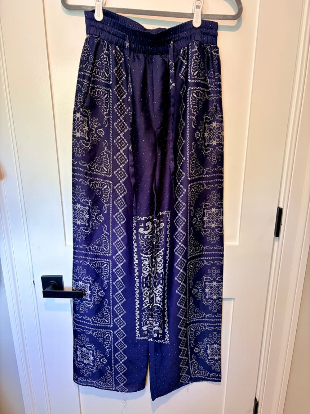 ZARA Navy Blue & White Bandana Printed Boho Pants Elastic Waist Flowy Size M